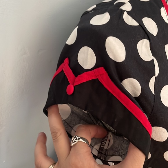 Sourpuss Black and White Polka Dot Mini Dress with Red Accents - Picture 4 of 6